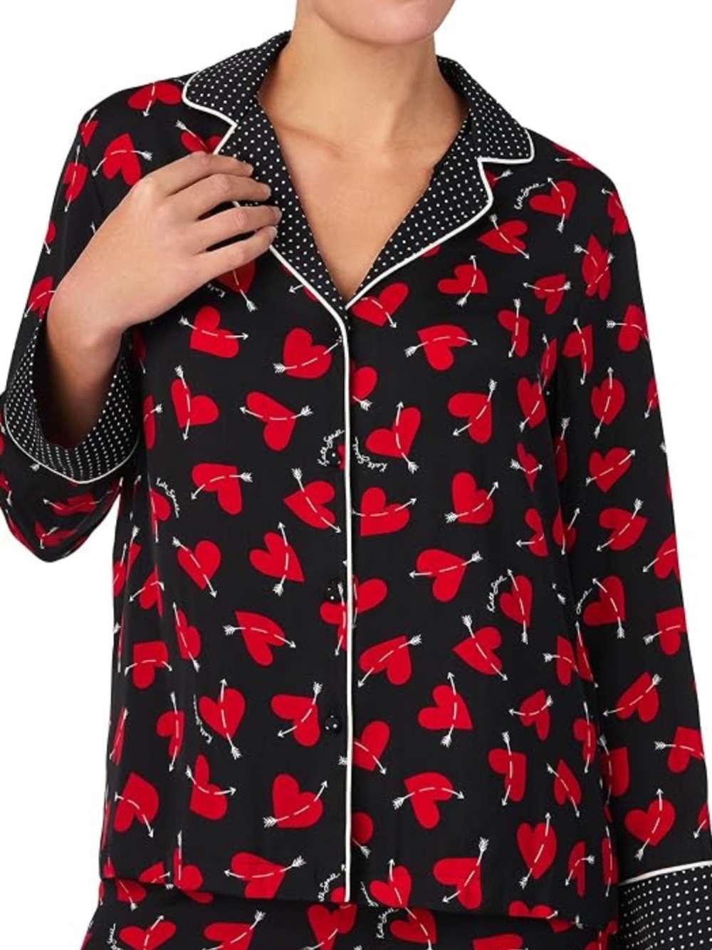KATE SPADE BLACK & RED CHARMEUSE CUPID HEARTS & BOW PAJAMA TOP SZ LG